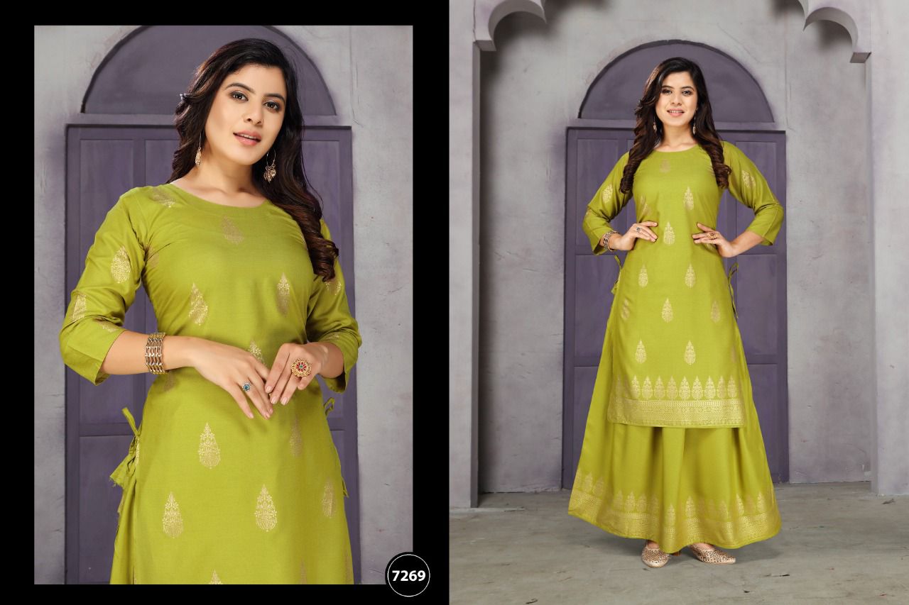 Golden Muskan 3 Heavy rayon Festive Wear Kurti With Skirt Collection